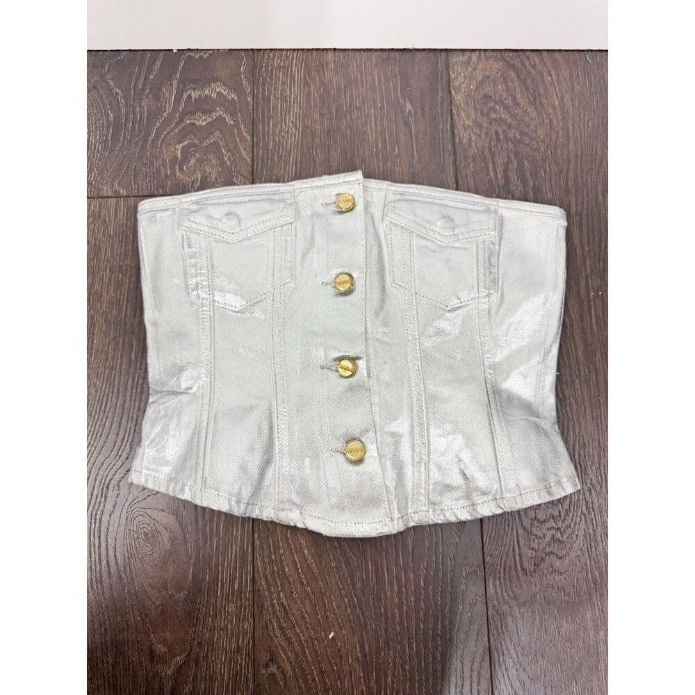 GANNI Corset Foil Denim Bandeau Button Front Metallic Silver EU 36 New - Picture 2 of 6